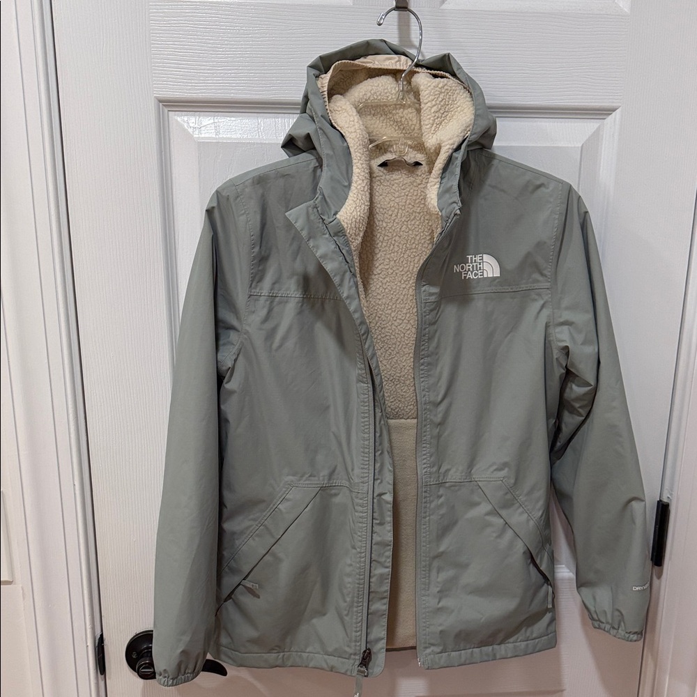 The North Face Kids Light Gray/Sage Green Fleece-Lined Rain Jacket Sz L
